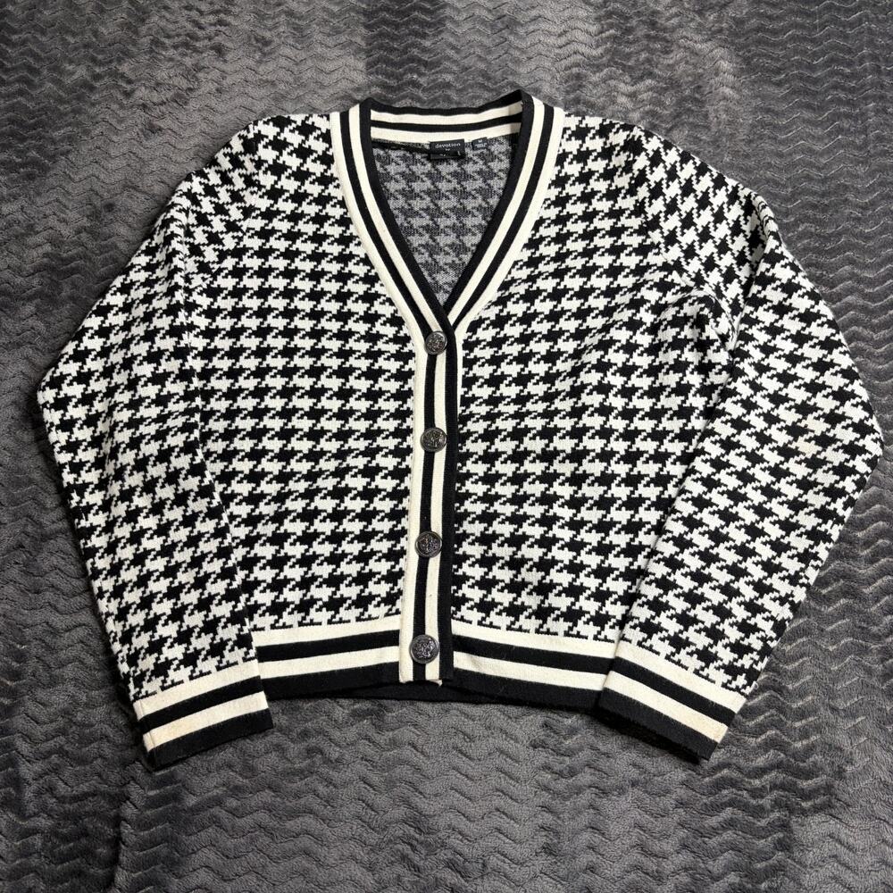 Cyrus Black & White Houndstooth Tipped Cardigan Sweater V-Neck Womens Size M